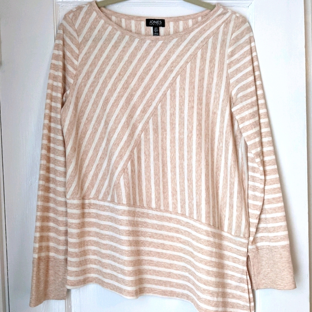 Jones New York Beige and White Striped Long Sleeve Top